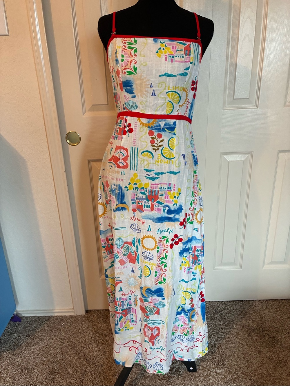White Maxi Sundress with Red Trim and Multi-Color Print